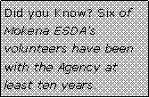 Text Box: Did you Know? Six of Mokena ESDA�s volunteers have been with the Agency at least ten years.